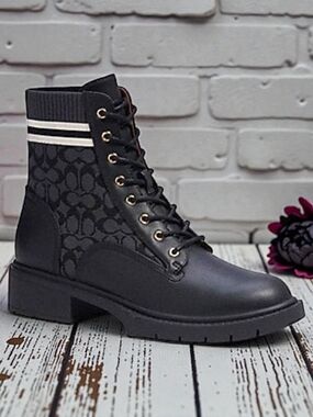 COACH Livia Signature Knit Combat Booties Black Size 8 (With Box)
